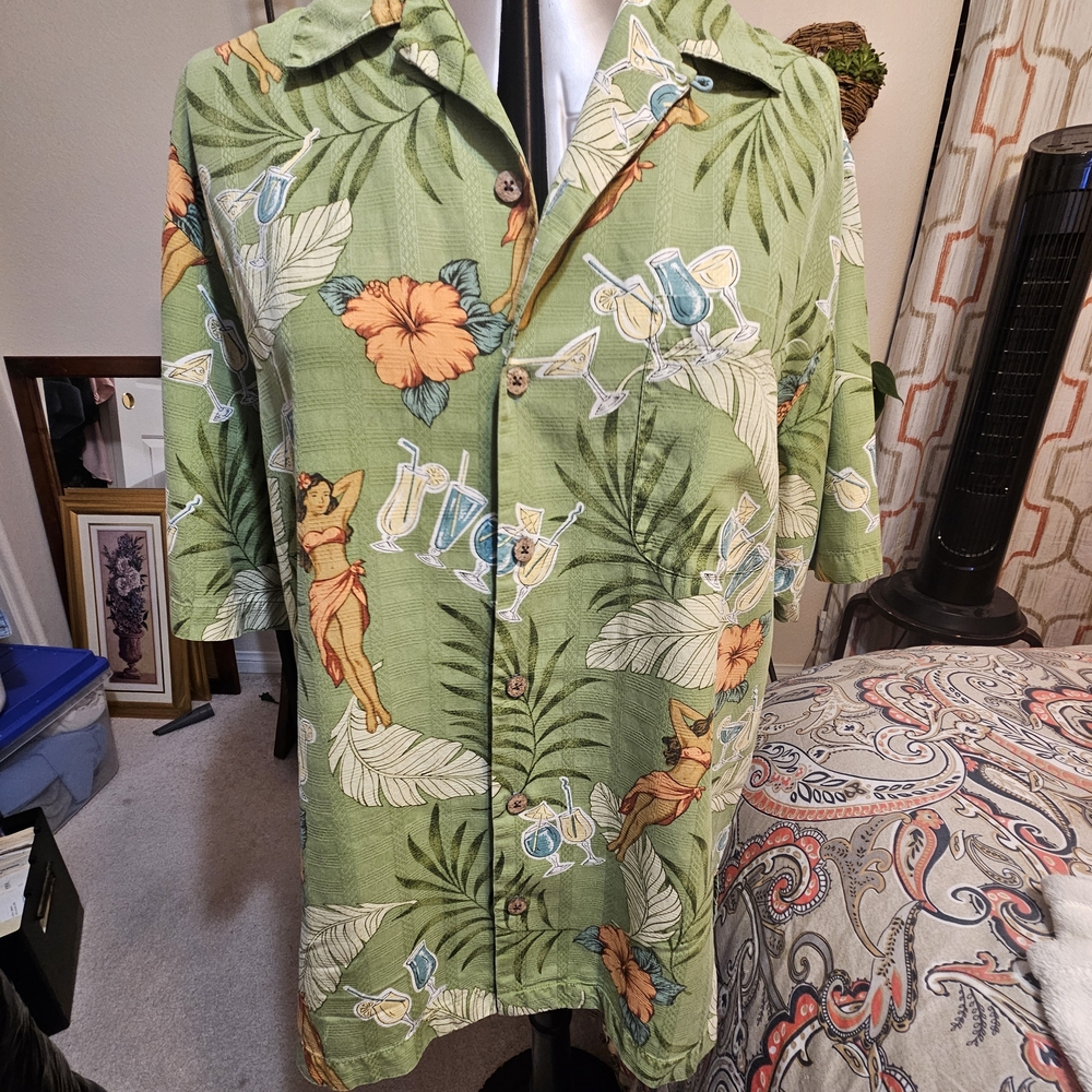 Tommy Bahama Olive Tropical Print Shirt 100%Silk